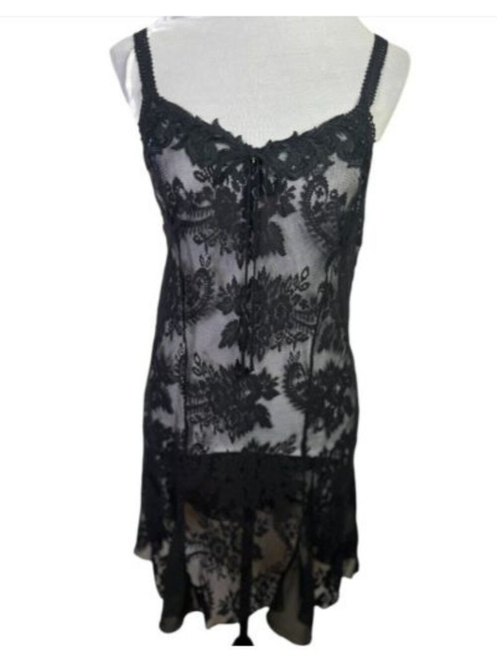 Vintage Lucie Ann Chemise Slip Lace Satin Nighty Sz L Black Sheer Lingerie Slip